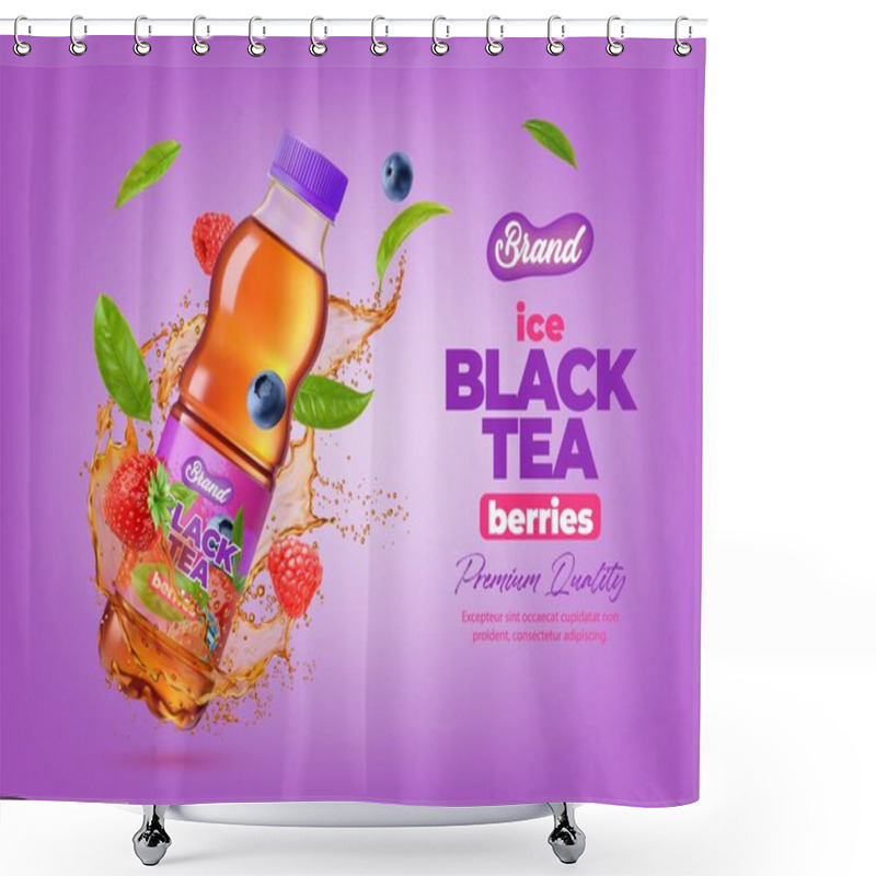 Personality  Realistic Tea Bottle With Forest Berries In Drink Splash And Green Leaves, Vector Beverage Ad Poster. Ice Tea Bottle With Strawberry, Raspberry And Blueberry Berries In Drink Splash Flow With Leaves Shower Curtains