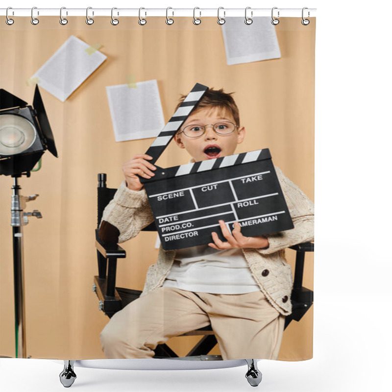 Personality  Young Boy In Film Director Attire, Holding Movie Clapper In Chair. Shower Curtains