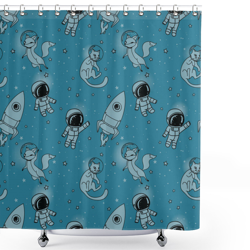 Personality  Cute Doodle Boys, Rockets, Foxes And Cats Floating In Space Shower Curtains