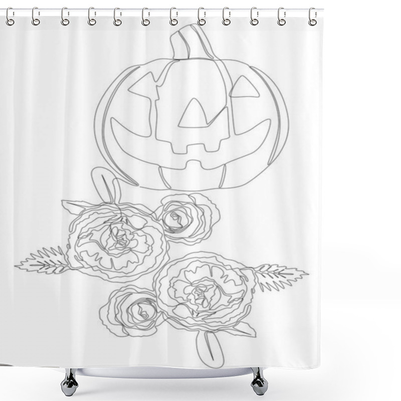 Personality  One Continuous Line Of Jack O' Lantern With Rose Flowers. Thin Line Illustration Vector Concept. Contour Drawing Creative Ideas. Shower Curtains