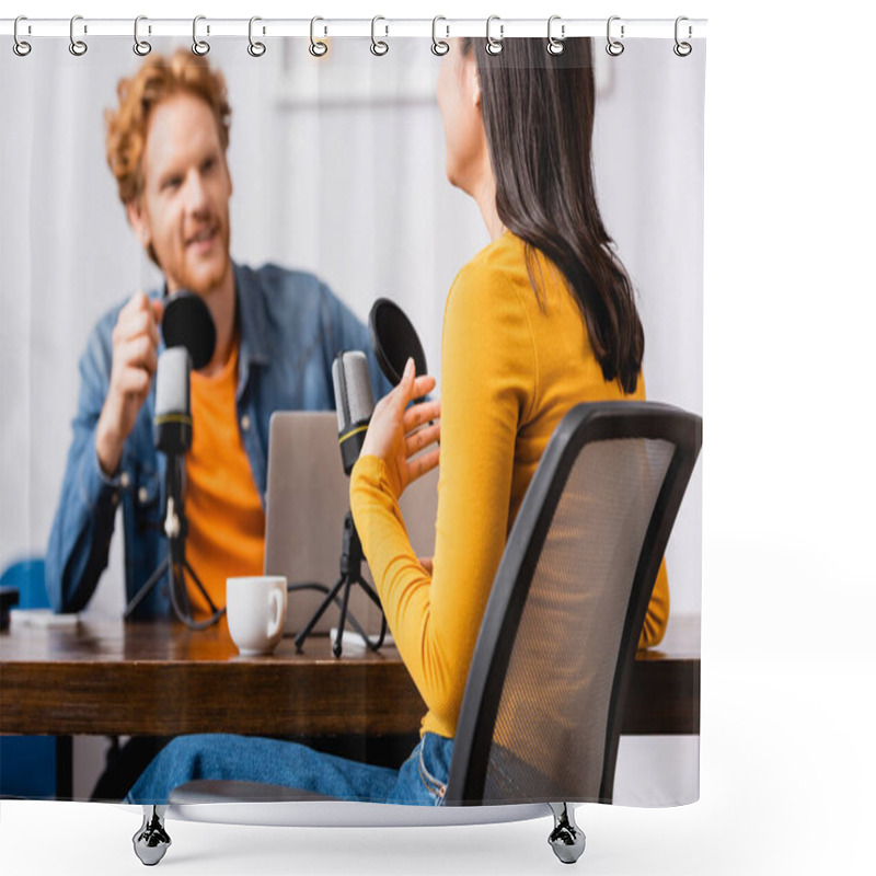 Personality  Selective Focus Of Redhead Radio Host Near Brunette Woman Talking And Gesturing During Interview Shower Curtains