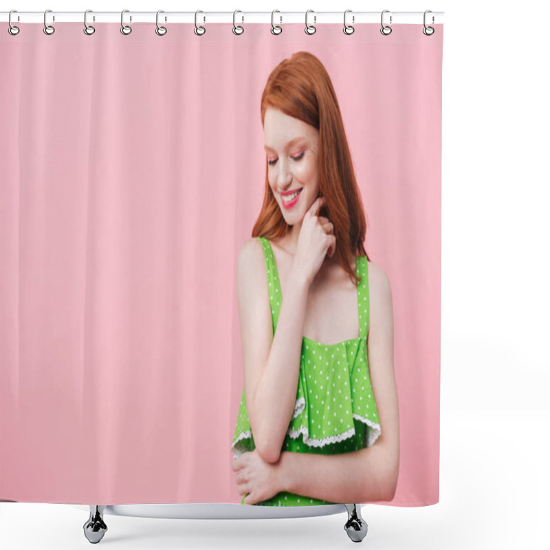 Personality  Portrait Of Young Redhead Woman Wearing Dress Shower Curtains