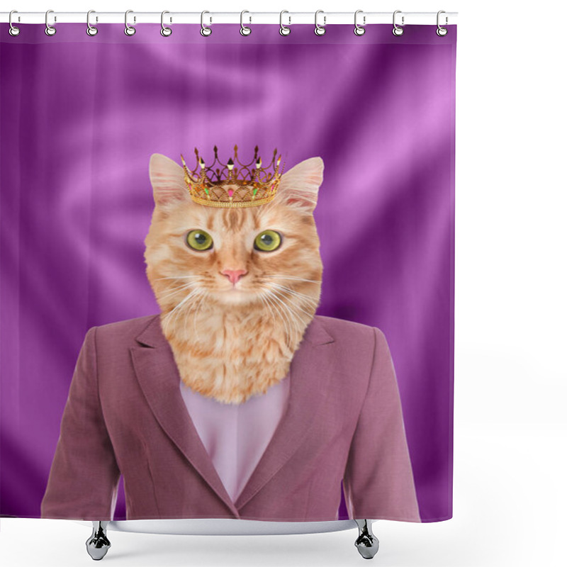 Personality  Cute Cat Dressed Like Royal Person Against Purple Background Shower Curtains