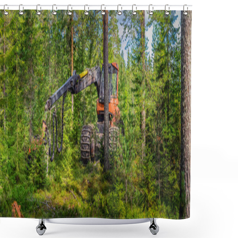 Personality  Forest Harvesting Fully Automatic Machine Stands Between Trees. Northern Sweden, Fresh Green Pine Tree Forest, Sunny Day Shower Curtains