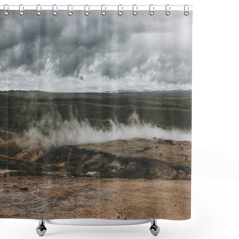 Personality  Scenic View Of Landscape With Volcanic Vents Under Cloudy Sky In Haukadalur Valley In Iceland Shower Curtains