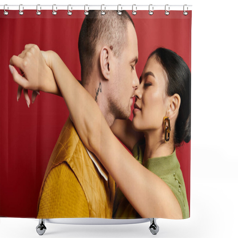 Personality  A Lovely Young Couple Enjoys An Intimate Moment In Stylish Attire Against A Vibrant Backdrop. Shower Curtains