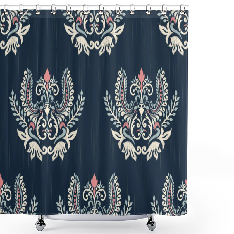 Personality  Ikat Floral Paisley Embroidery On Navy Blue Background.Ikat Ethnic Oriental Seamless Pattern Traditional.Aztec Style Abstract Vector Illustration.design For Texture,fabric,clothing,wrapping,decoration Shower Curtains