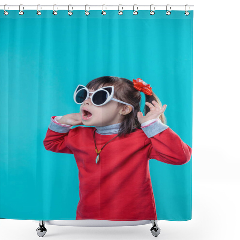 Personality  Putting Funky Glasses . Active Shocked Little Girl Wearing Adult White Glasses And Rising Her Hands Shower Curtains