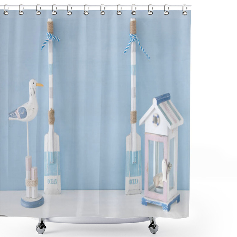 Personality  Nautical Concept With Beach House And Seagull Over Blue Background Shower Curtains