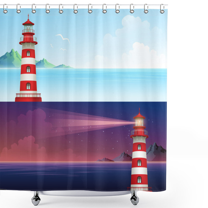 Personality  Lighthouse During Day And Night Horizontal Banner Set. Vector Illustration Shower Curtains