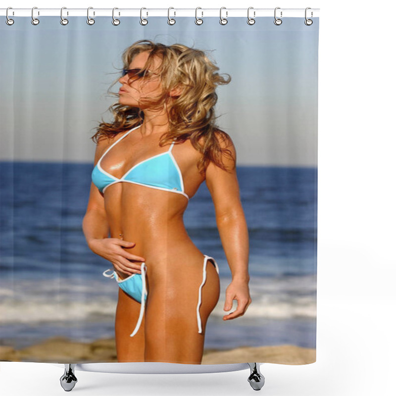 Personality  Untied Skimpy Bikini Well Baby Oil Blonde Poses In Swimwear On The Ocean Beach Complete With Sand Rocks Water Waves Copy Space And Room For Text On Blue Sky And Sea Perfect Pinup Locker Room Poster Naughty College School Girl Shower Curtains