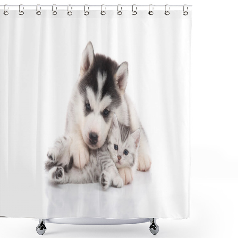 Personality  Cute Siberian Husky Puppy  Cuddling  Cute Kitten  Shower Curtains