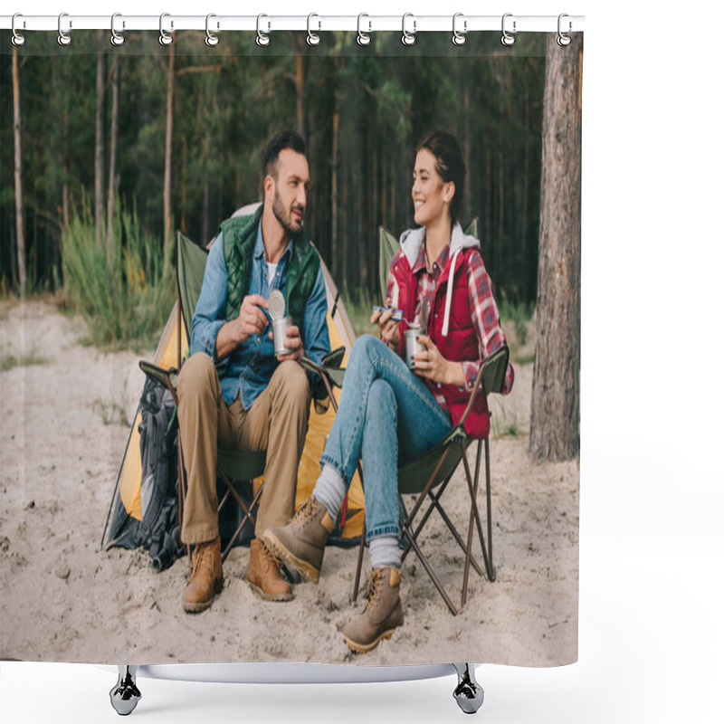 Personality  Couple Eating Food From Cans While Having Camping Shower Curtains