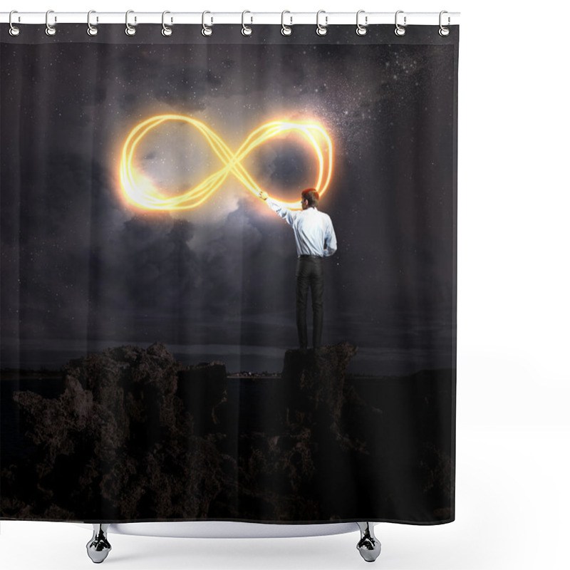 Personality  Image Of Businessman Drawing Infinity Sign In The Sky Shower Curtains