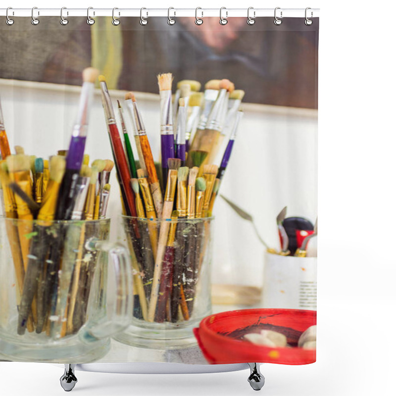 Personality  Painting Brushes In Glasses On Table In Workshop Shower Curtains