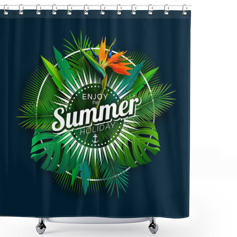 Personality  Enjoy The Summer Holiday Design With Parrot Flower And Tropical Plants On Dark Blue Background. Vector Illustration With Exotic Palm Leaves And Phylodendron For Banner, Flyer, Invitation, Brochure Shower Curtains