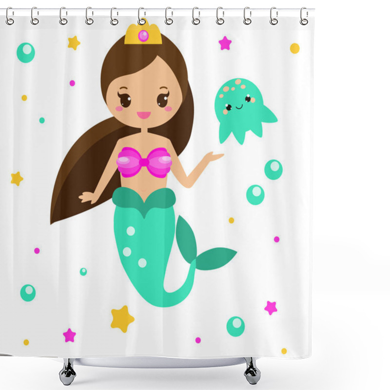 Personality  Cute Mermaid With Jellyfish. Cartoon Character, Kawaii Style. Vector Illustration Shower Curtains