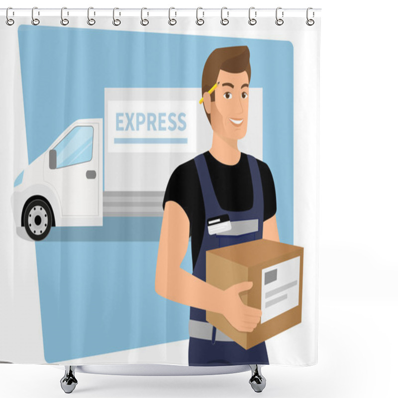 Personality  Delivery Service Man With A Box In His Hands And White Delivery Car Behind Him Shower Curtains