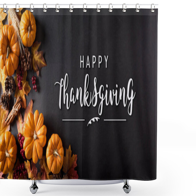 Personality  Thanksgiving Background Decoration From Dry Leaves,red Berries And Pumpkin On Blackboard Background. Flat Lay, Top View For Autumn, Fall, Thanksgiving Concept. Shower Curtains