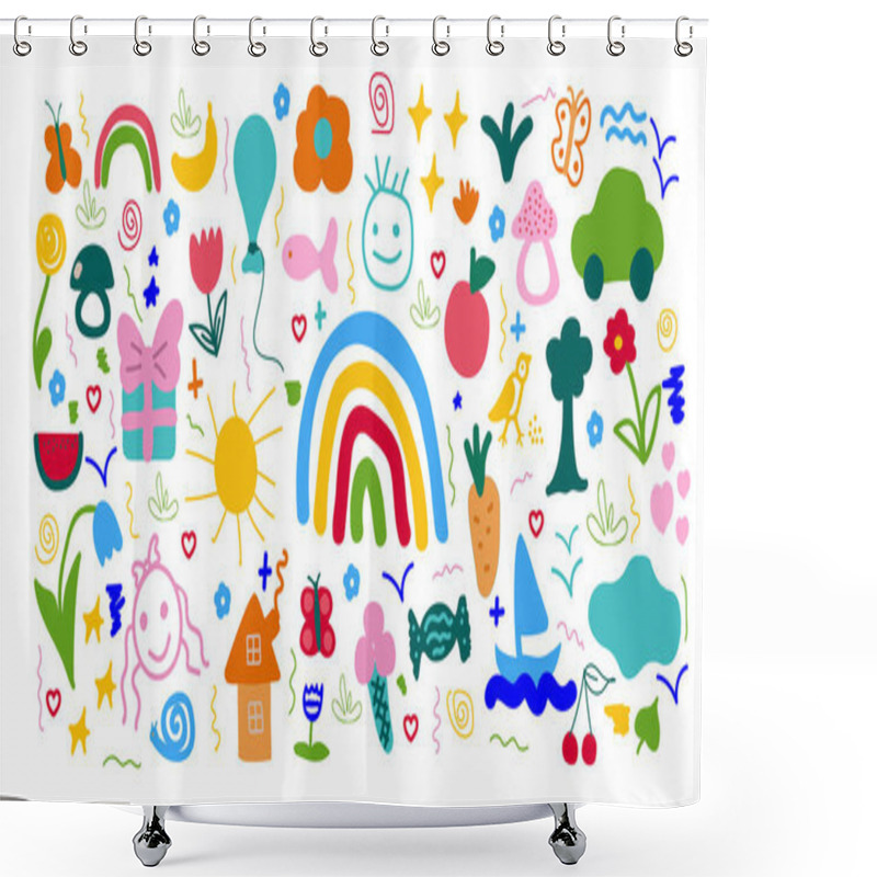 Personality  Baby Hand-drawn Design For Textile, Posters, Cards. Fabric Baby Design.Cute Flowers, Rainbows, Houses, Sun, Cars And Other Decorative Elements Shower Curtains