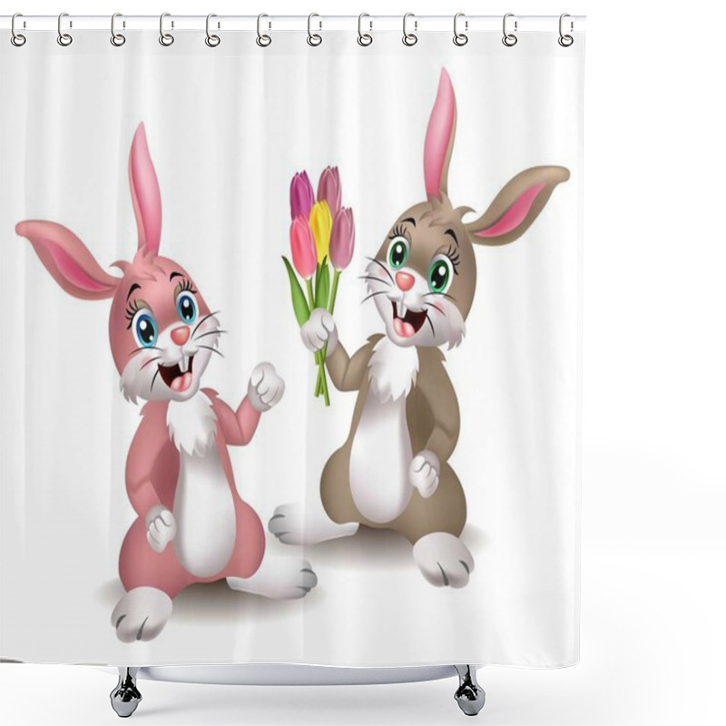 Personality  Cute Rabbits Cartoon Vector. Happy Bunny Couple Shower Curtains