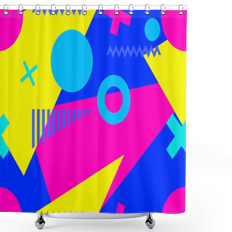 Personality  Memphis Seamless Pattern With Geometric Shapes In The Style Of The 80s. Multi-colored Triangles, Circles And Zigzags For Promotional Products, Wrapping Paper And Printing. Vector Illustration Shower Curtains