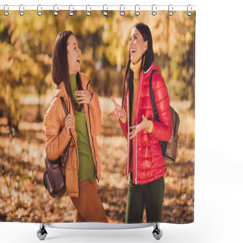 Personality  Two Best Fellows Girls Have Fun In Fall Sunset Forest Park Rest Relax Say Tell Students Millennial Jokes Laughing Hold Backpack Bag Wear Outerwear Jackets Shower Curtains