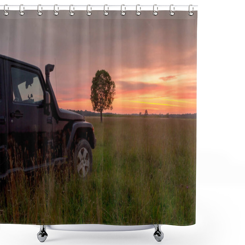 Personality  Novgorod Region, Russia, July 19, 2018: Jeep Wrangler In The Field At Sunrise. Wrangler Is A Compact Four Wheel Drive Off Road And Sport Utility Vehicle Shower Curtains