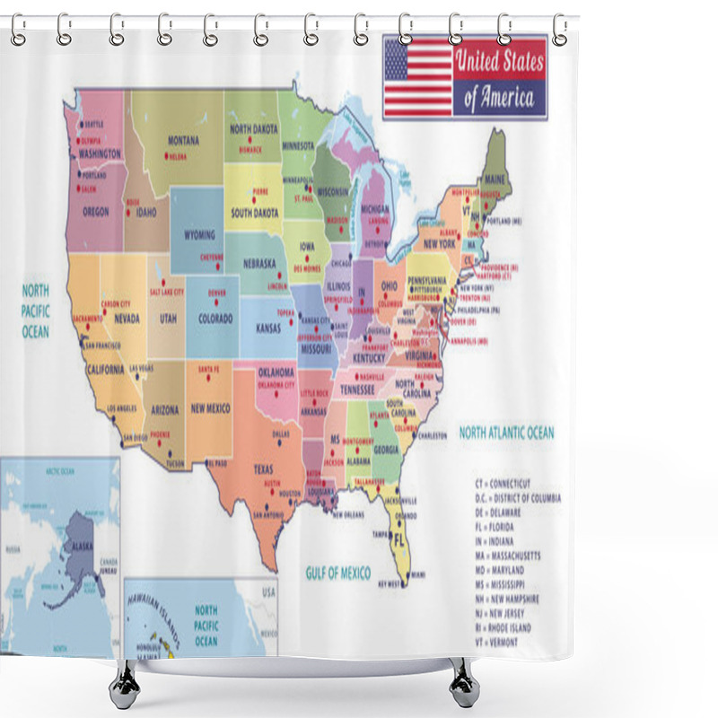 Personality  States Capitals And Major Cities Of The United States Of America. Beautiful Modern Graphic Vector USA Map. Alaska And Hawa. Pastel Tones. Shower Curtains