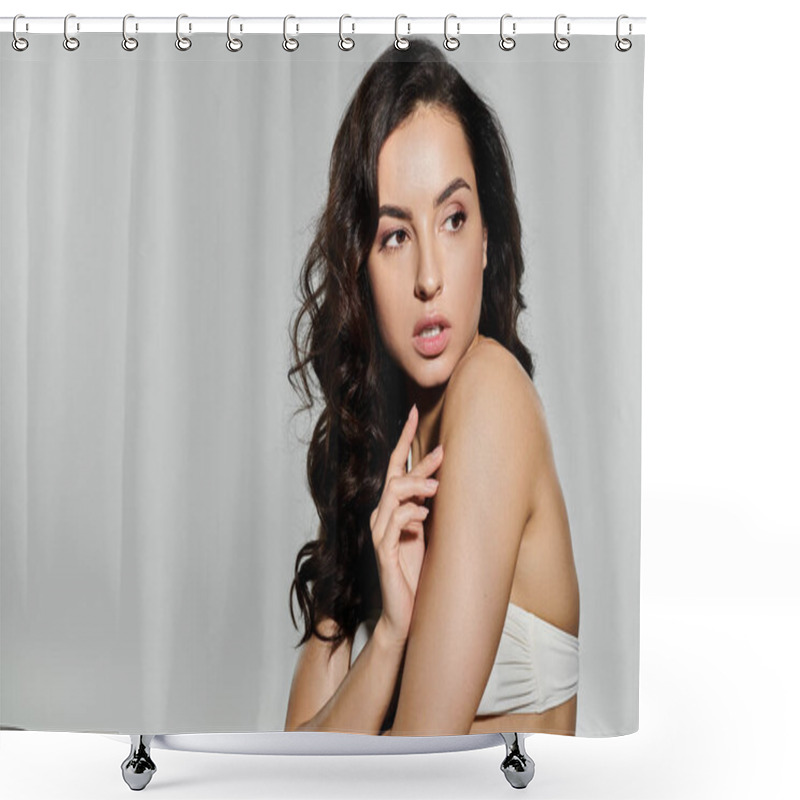 Personality  Appealing Woman Poses Confidently On White Backdrop. Shower Curtains