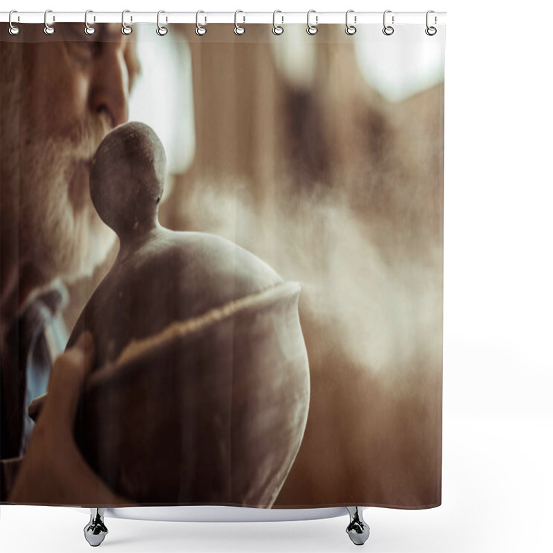 Personality  Close Up Of Senior Potter In Apron Examining Ceramic Bowl At Workshop Shower Curtains