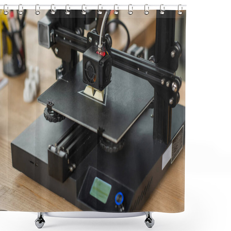 Personality  3D Printer Creating Plastic Model On Table In Modern Office Shower Curtains