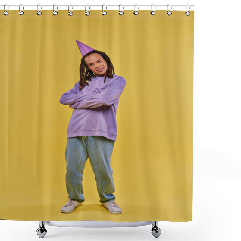 Personality  Smiling African American Man In Purple Sweatshirt And Birthday Hat Posing With Arms Crossed On Chest Shower Curtains