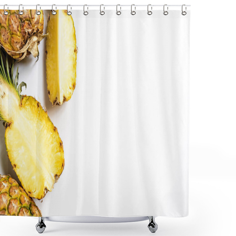 Personality  Top View Of Cut And Whole Ripe Pineapples With Green Leaves On White Background Shower Curtains