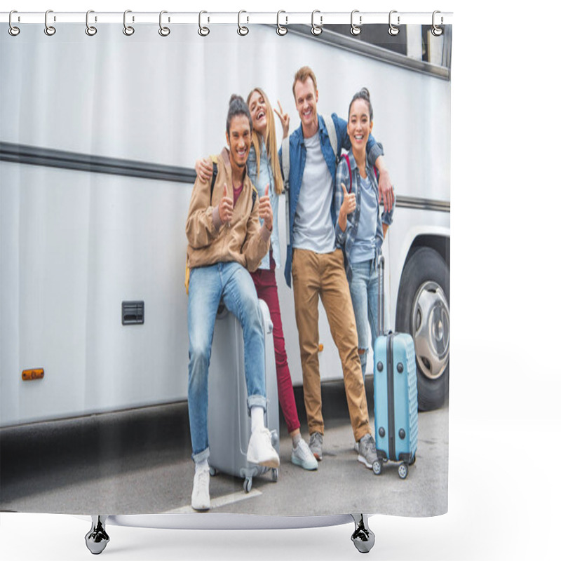 Personality  Smiling Multiethnic Friends With Wheeled Bags Doing Thumbs Up And Peace Gestures Near Travel Bus Shower Curtains