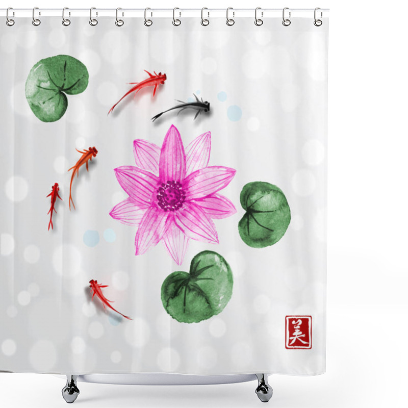 Personality  Little Fish And Lotus Flower  Hand Drawn With Ink On White Background. Traditional Oriental Ink Painting Sumi-e, U-sin, Go-hua. Contains Hieroglyph - Beauty. Shower Curtains