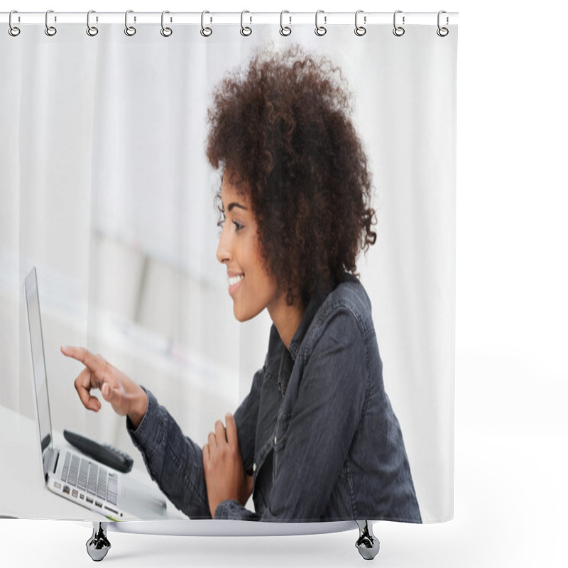 Personality  Smiling Woman Pointing At Her Laptop Screen Shower Curtains