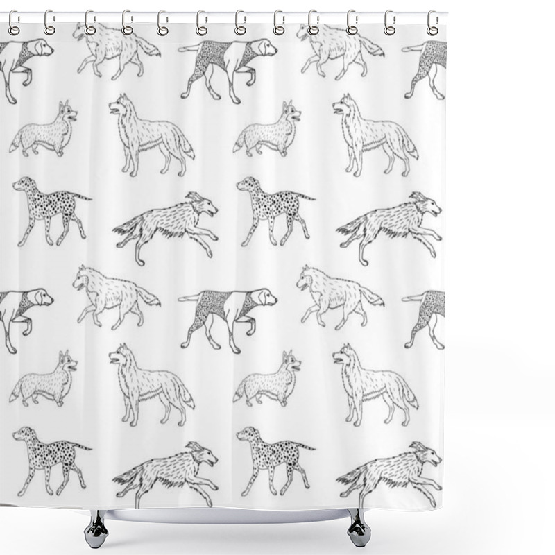 Personality  Vector Seamless Pattern Of Hand Drawn Doodle Sketch Different Dogs Isolated On White Background Shower Curtains