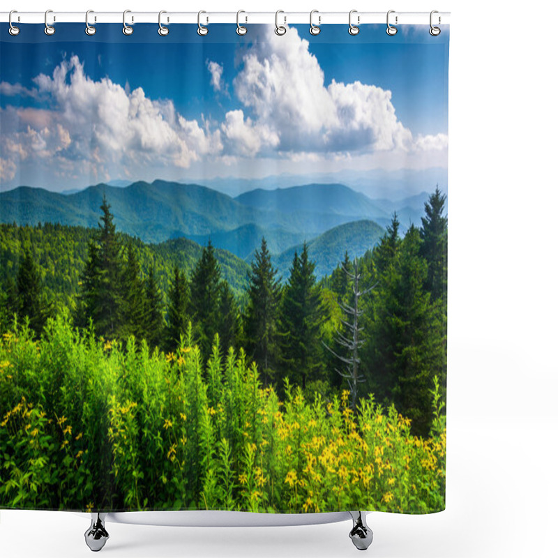 Personality  Yellow Flowers And View Of The Appalachian Mountains From The Bl Shower Curtains