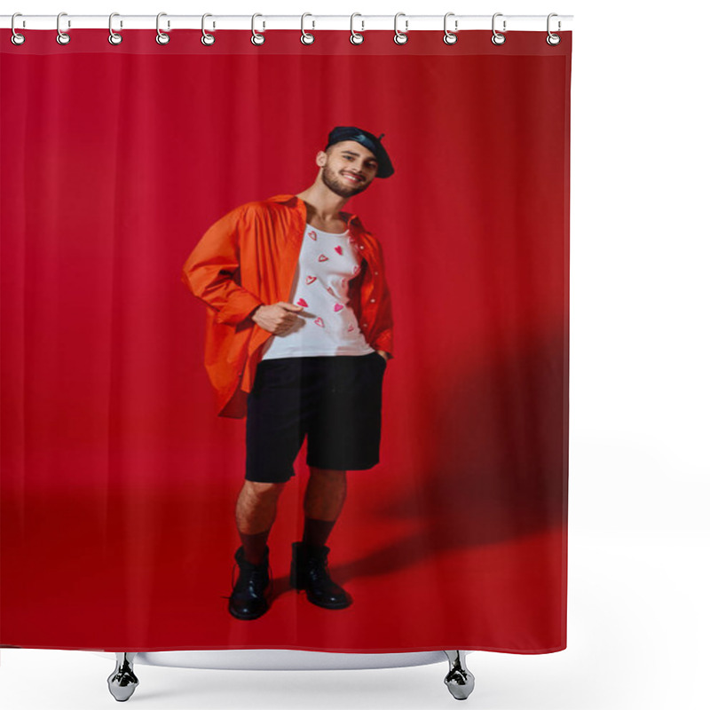 Personality  A Young Man In A Heart-patterned Tee Stands Confidently Against A Red Backdrop, Showing His Style. Shower Curtains