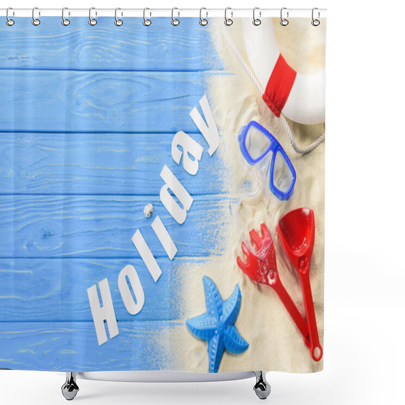 Personality  Beach Toys And Holiday Inscription On Blue Wooden Background Shower Curtains