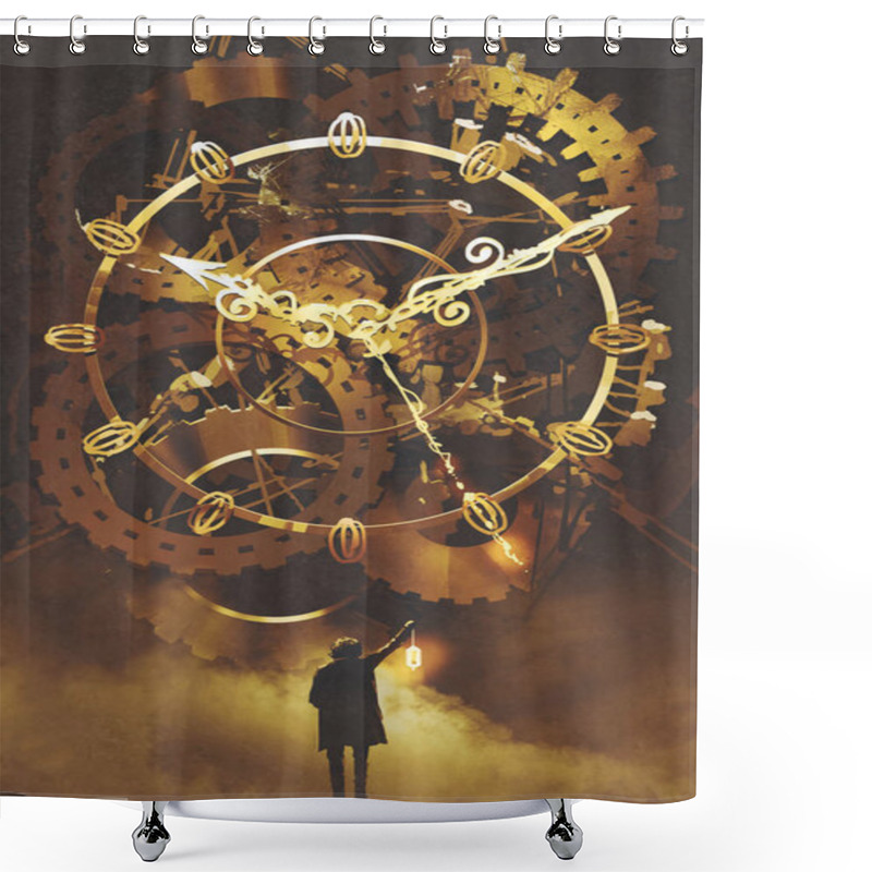 Personality  Man With A Lantern Standing In Front Of The Big Golden Clockwork Shower Curtains