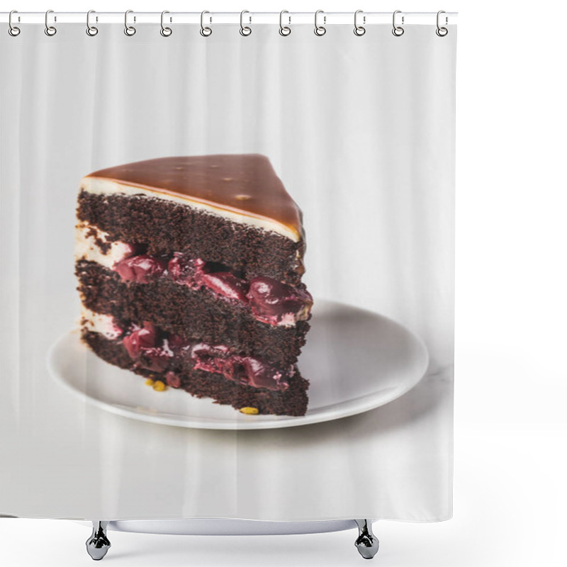 Personality  Close Up View Of Sweet Cherry-chocolate Cake On Plate Isolated On White Shower Curtains