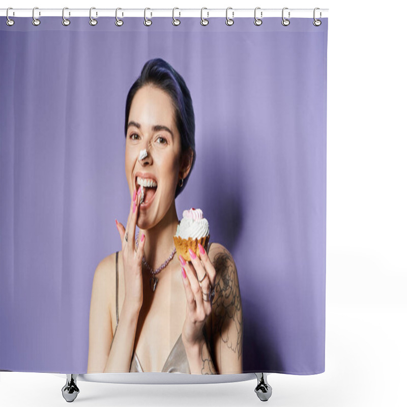 Personality  Young Woman With Short Blue Hair Holding Cupcake In Front Of Mouth, Dressed In Silver Party Attire. Shower Curtains