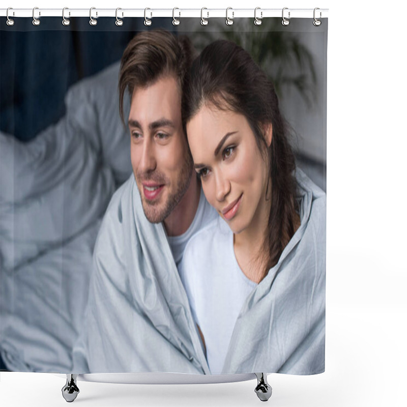 Personality  Beautiful Couple Tenderly Embracing Under Blanket Shower Curtains