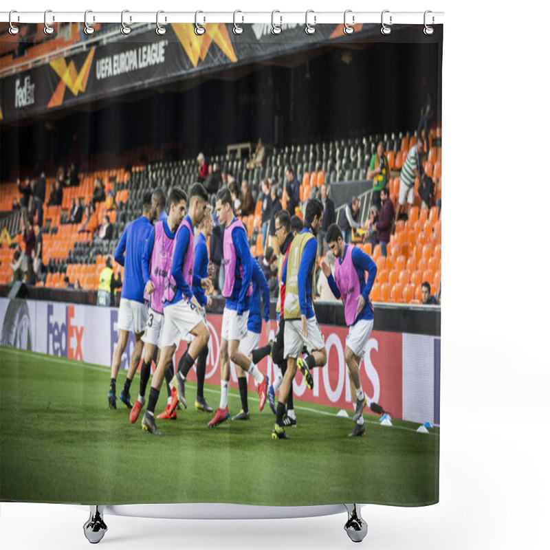 Personality  VALENCIA, SPAIN - FEBRUARY 21: Valencia Players During UEFA Europa League Match Between Valencia CF And Celtic FC At Mestalla Stadium On February 21, 2019 In Valencia, Spain Shower Curtains