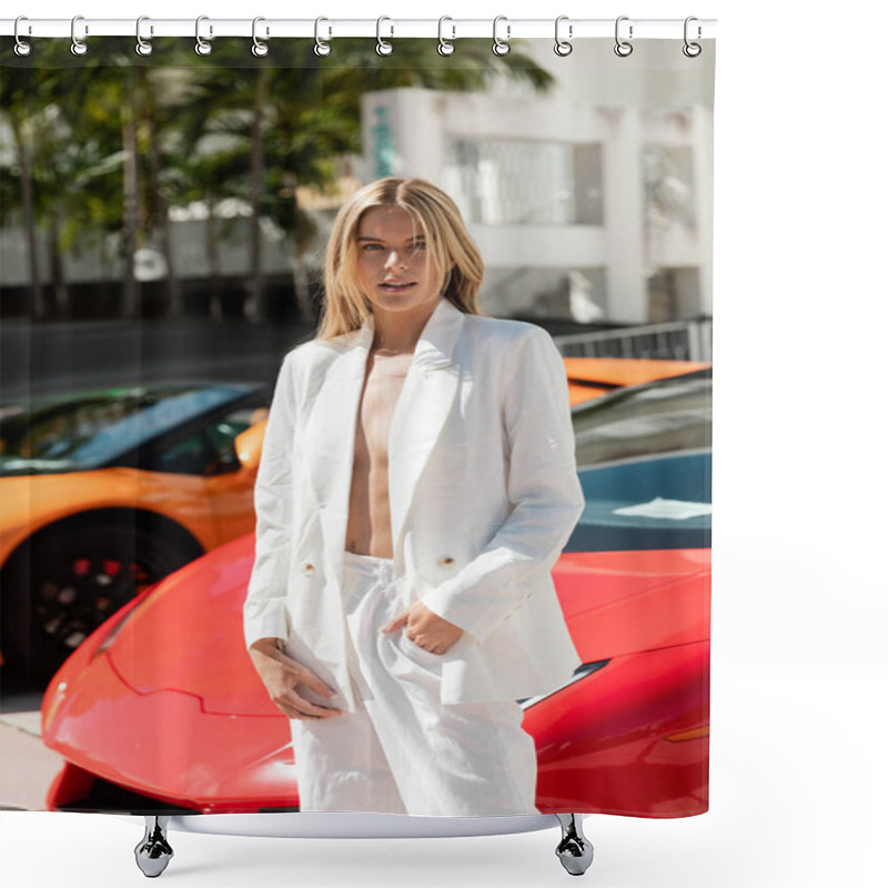 Personality  A Stunning Blonde Woman Stands Confidently In Front Of A Sleek Red Sports Car In A Vibrant Miami Setting. Shower Curtains