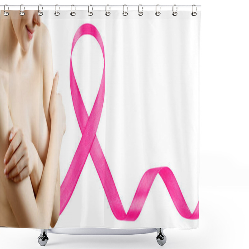 Personality  Young Woman Covers Her Breast Near Big Pink Ribbon. Shower Curtains