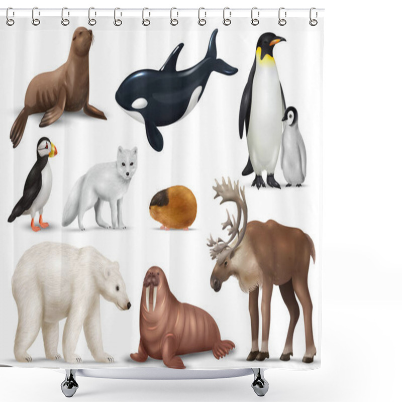 Personality  Arctic Animals Realistic Set With Puffin Polar Bear Penguins Reindeer Lemming Walrus Seal Orca Whale And Ice Fox Isolated Vector Illustration Shower Curtains