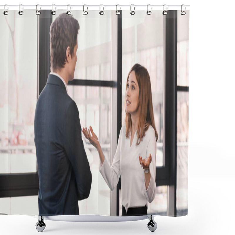 Personality  Emotional Woman Gesturing During Job Interview With Businessman In Office Shower Curtains